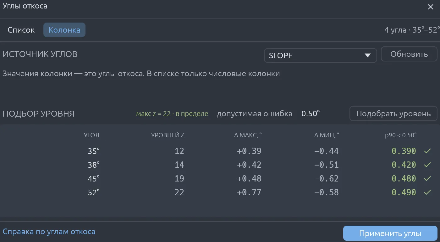 Окно углов откоса, вкладка «Колонка»